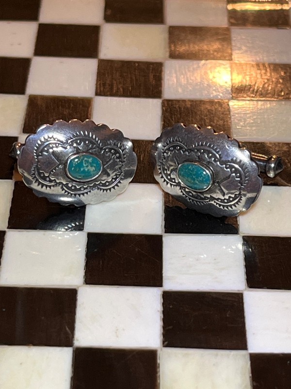Old pawn Fred Harvey era file stamped sterling turquoise cufflinks 062526aCG