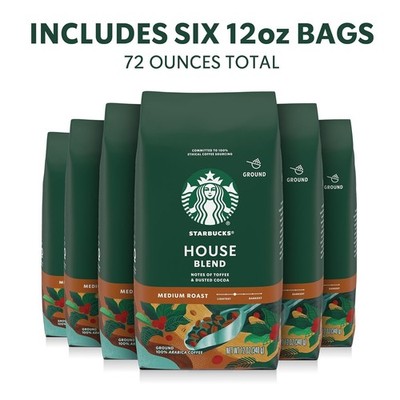 Starbucks Ground Coffee, Medium Roast Hot or Iced, House Blend,12 oz- 6 Packs