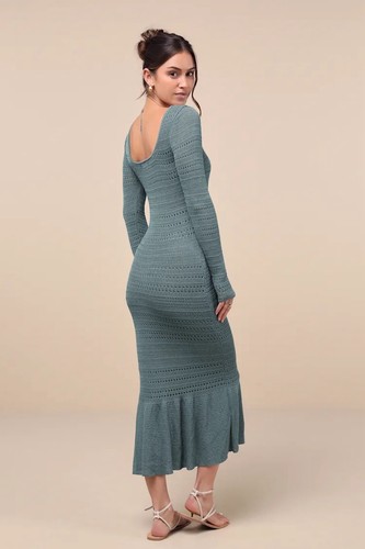 Abito midi Lulus donna Sunset Moments salvia uncinetto manica lunga tromba taglia M - Foto 2 di 6