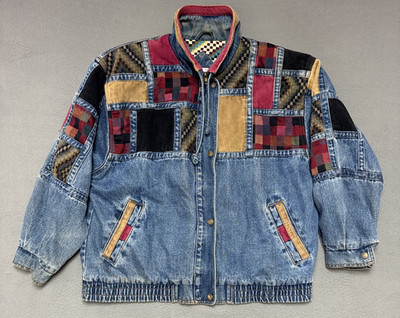 Vtg Current Seen Womens Patchwork Denim Jean Jacket Large 80s 90s Boho Tapestry