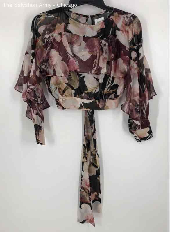 Misa Los Angeles Womens Black Purple Pink Floral Sheer Cropped Blouse Top Sz XS