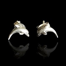 Vtg Small Sterling Silver 925 Jumping Dolphin Stud Earrings Beach Ocean Animals