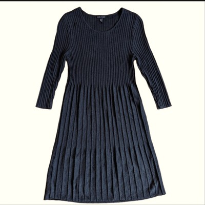 Eileen Fisher 100% Wool Ribbed Pleated 3/4 Sleeve Swing Dress