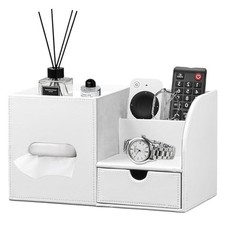 PU Leather Tissue Box Cover Square with Drawer Storage and Tray on Top White