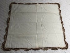Vintage White Handkerchief Brown Crocheted Scalloped Trim Retro EUC
