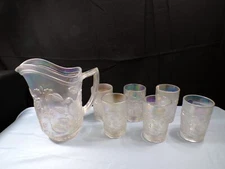 Imperial Robin White Carnival Glass Water Set - Pitcher 6 Tumblers