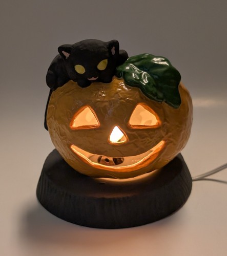 Vintage Halloween Pumpkin Light With Black Cat, Working Lamp, Ceramic - Picture 2 of 9