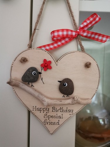 Sister Pebble art Birthday wood heart birds handmade beautiful - Picture 5 of 5