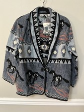 Flashback Womens Size M Southwestern Aztec Jacket Coat Horses Black Blue Orange