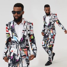 Men's suit autumn print suit collar slim fit casual pencil pants street 2pcs