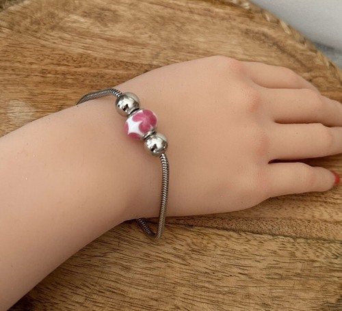 Bracciale Charms Perla Rosa/Bianca Vetro Di Murano & Sfere Argento 925/000 Rodio - Foto 5 di 14