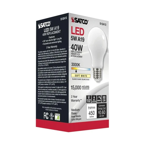Satco S12413 - 5 Watt LED A19 Soft White LED Bulbs - 3000K - 120 Volt (6 pack) - Picture 4 of 6