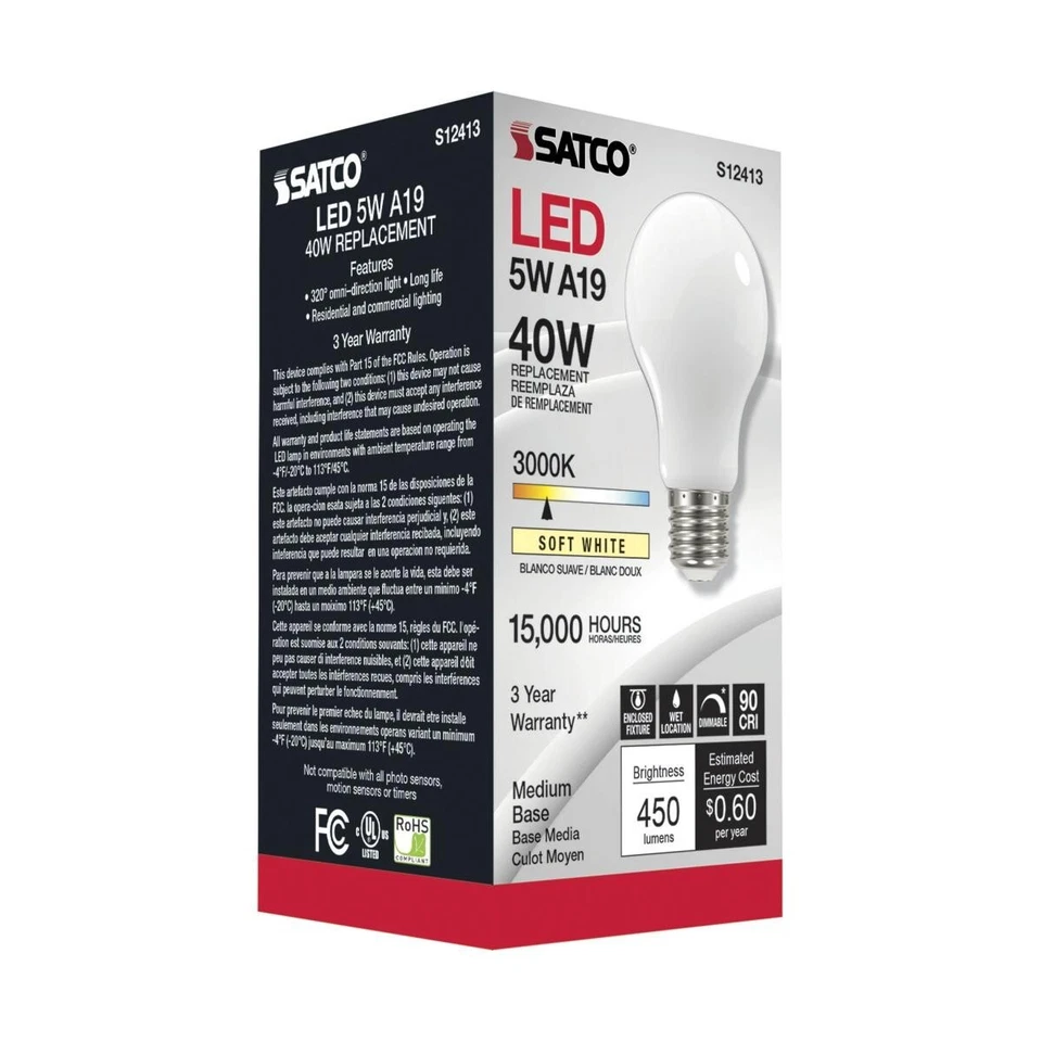 Satco S12413 - 5 Watt LED A19 Soft White LED Bulbs - 3000K - 120 Volt (6 pack) - Image 4 of 4