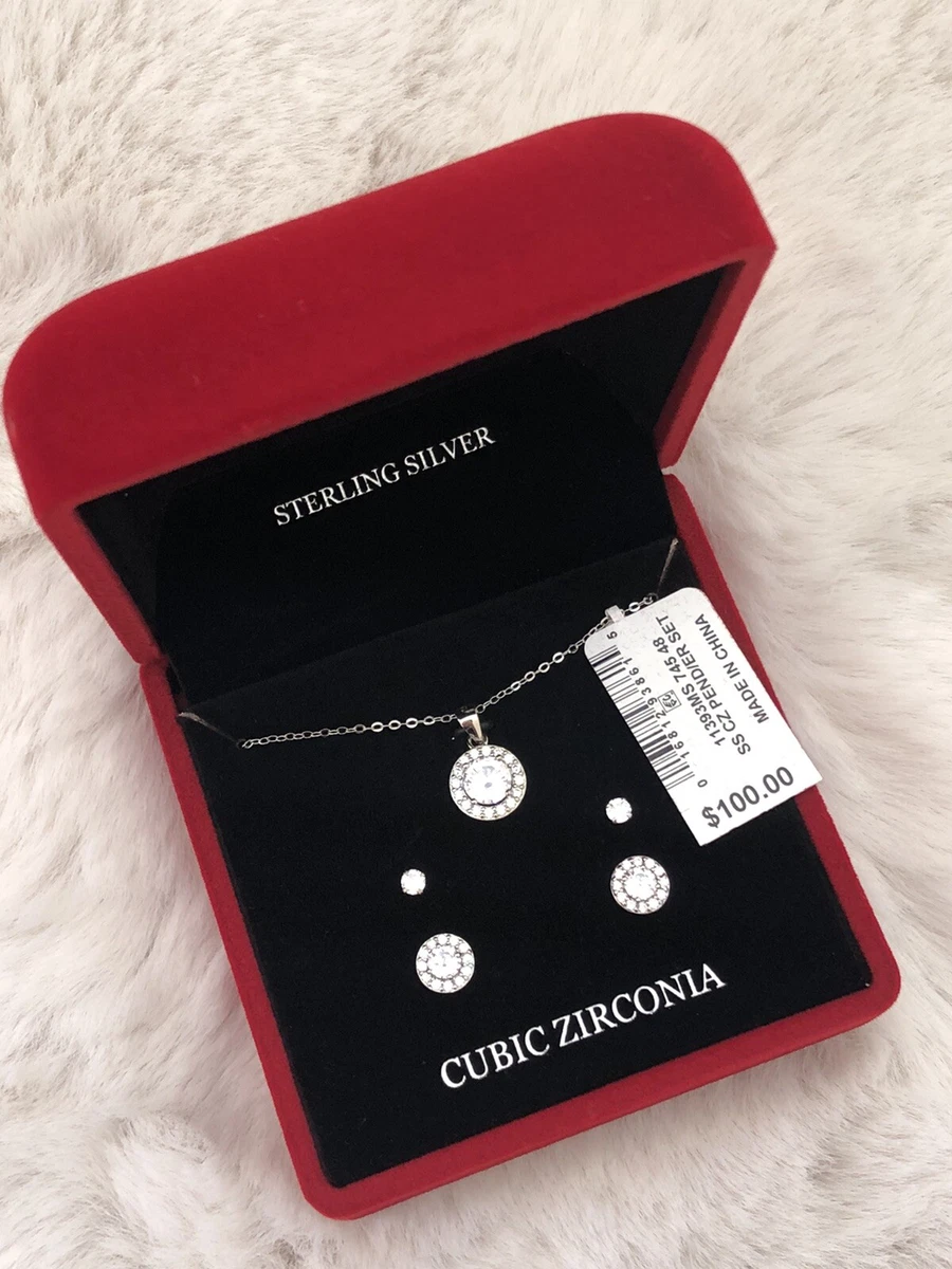 NWB Giani Bernini Cubic Zirconia 3 Pc Pendant Necklace Stud Earrings in Silver
