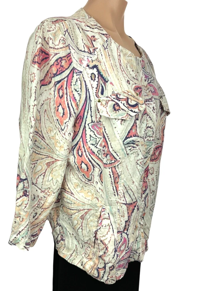 Chico's Linen Jacket White Pink Navy Paisley Blouse Top Zip 3/4 Sleeve Sz 2/L - Image 3 of 4