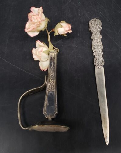 Antique Used Silverplate Letter Opener & Ink Blotter w/ Flowers - Picture 2 of 5