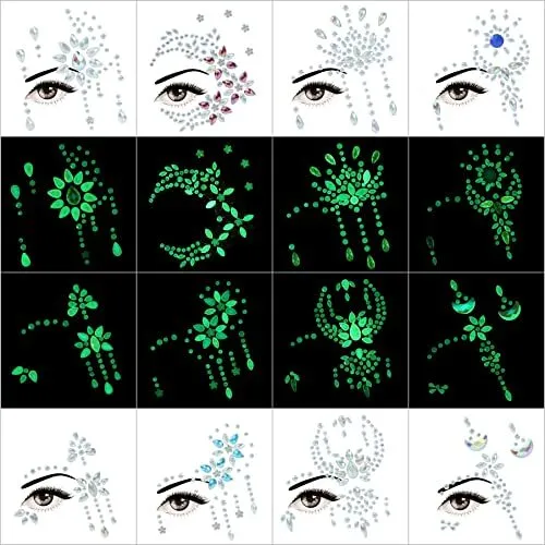 Luminous Face Gems, 8Sets Noctilucent Face Jewels Stick on Eyes