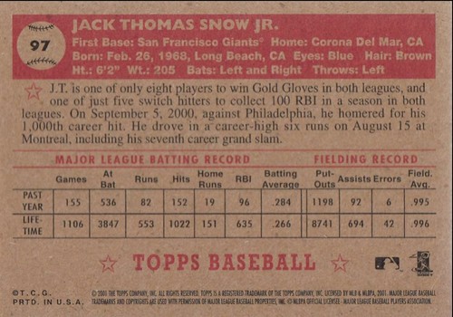 2001 Topps Heritage Baseball J.T. Snow San Francisco Giants #97 - Picture 2 of 2