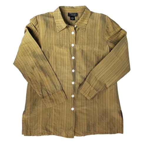 Spenser Jeremy 100% Silk Striped Button Blouse Tunic Womens L Retro Tan Green - Picture 6 of 11