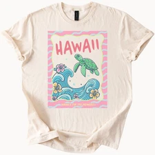 Hawaii Turtle Graphic T Shirt Beach Wave Art Mahalo Souvenir Gift Tee