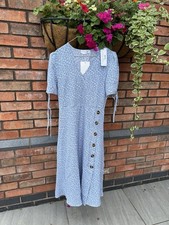 Miss Floral Pale Blue And White Midi Dress With Button Detailing Size Medium BN