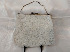 Vintage White Micro Beaded Bag Hand Made Purse Made in France Lined