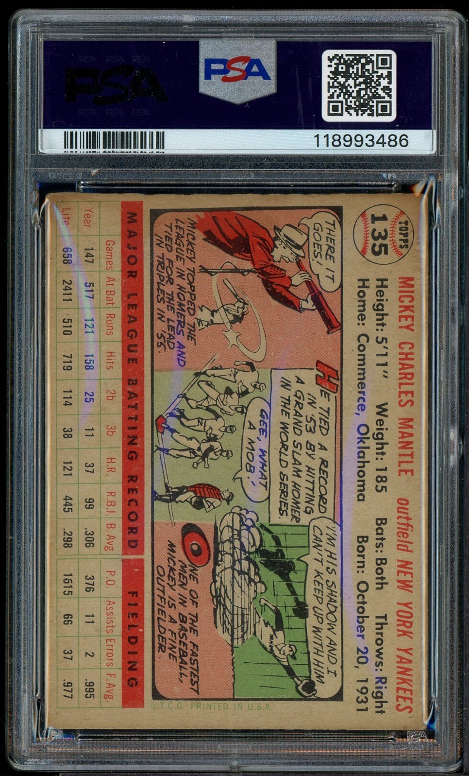 1956 Topps #135 Mickey Mantle New York Yankees HOF White Back PSA 1.5 FR view 2