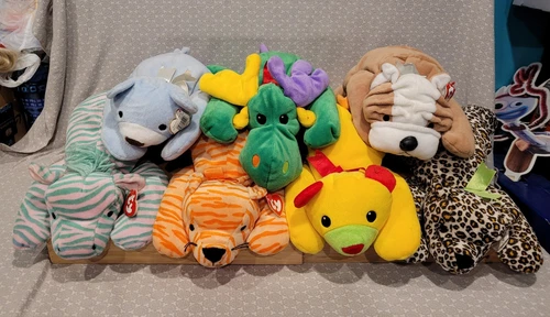 Vtg Ty Pillow Pals Flat Plush Lot Of 7 Huggy Bruiser Zulu Purr Antlers Speckles