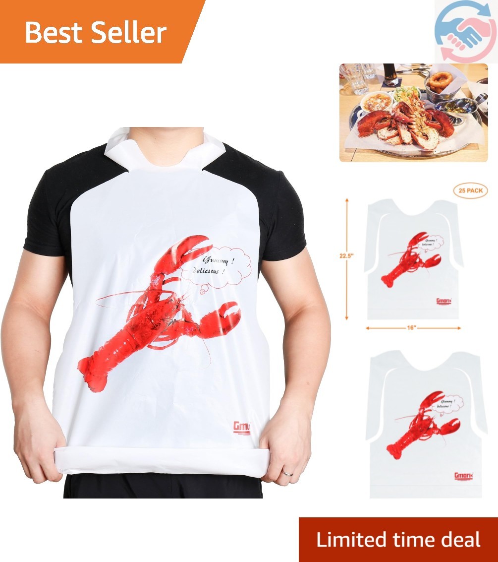 25 Count Disposable Plastic Lobster Bibs, Adult Size Seafood Boil, Waterproof...