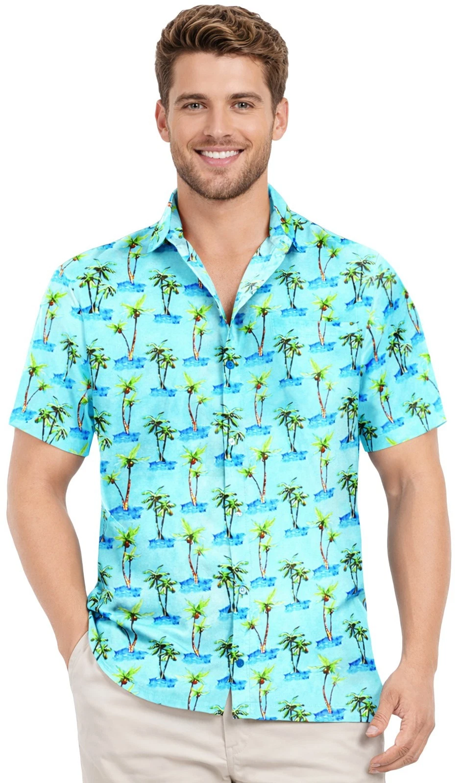 LA LEELA Men's Hawaiian Short Sleeve Button Down Shirts M Blue, Palm Tree