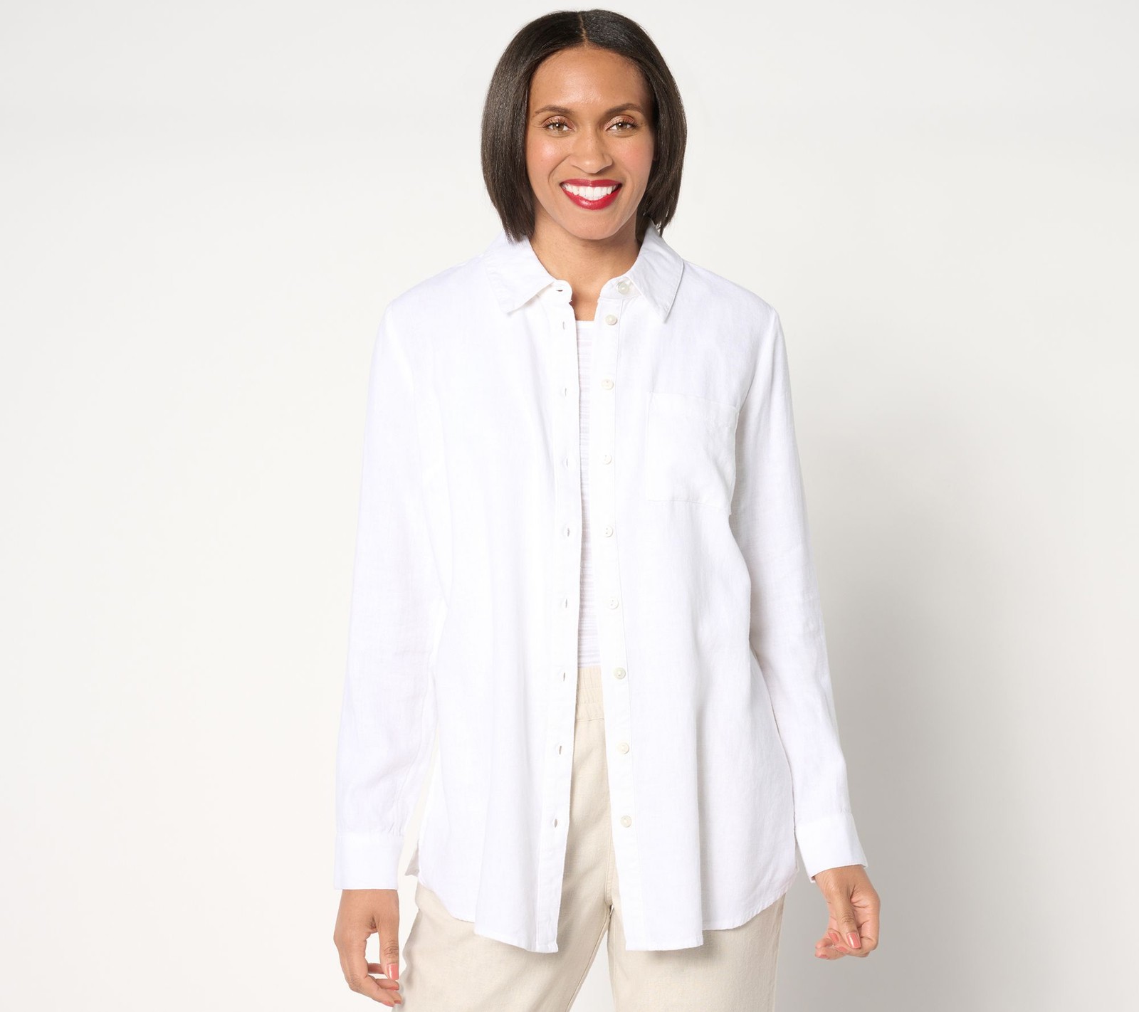 Denim & Co. Women's Top Petite PS Naturals Linen Blend White A643839