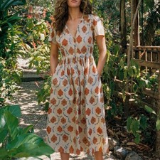 Christy Dawn Dress Floral Oak Leaf Block Printed Cotton Midi Dress Size XS