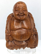 VTG Hand Carved Wooden Mahogany/Jempinis 8" Laughing Happy Sitting Buddha