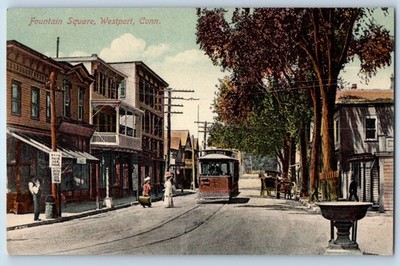 1910 Westport Connecticut CT Vintage Postcard Fountain Square Streetcar Building
