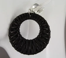 black Clip on earrings woven lightweight plastic dangle round 2.5" long