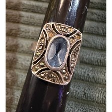 Vintage Sterling Silver Art Deco Style Ring Blue Gemstone Marcasite Size: 6.25