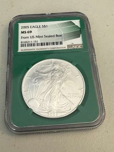 2005 $1 AMERICAN SILVER EAGLE NGC MS69 FROM US MINT SEALED BOX LABEL GREEN CORE