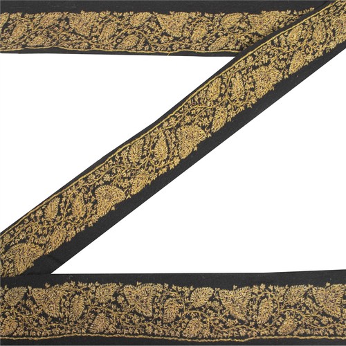 Sanskriti Vintage Sari Border Hand Embroidered 1 Yd Trim Sewing Craft Black Lace