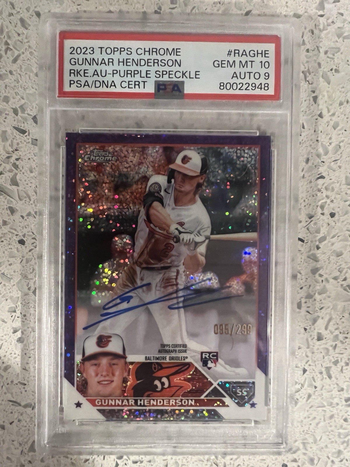 2023 Topps Chrome RC Gunnar Henderson #RA-GHE Purple Speckle Auto /299 PSA 10