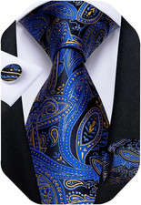 Mens Tie Set Silk Solid Paisley Necktie and Pocket Square Cufflinks Classic Form