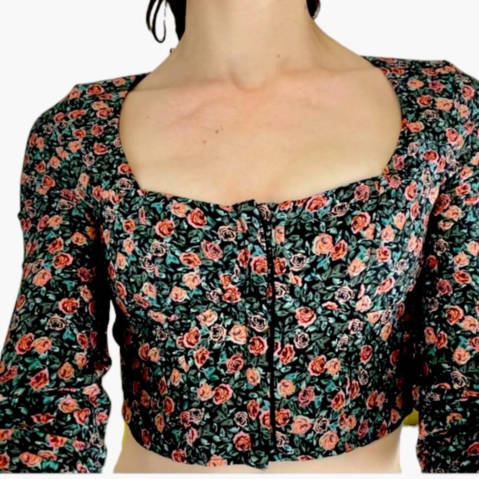 Zara Black and Coral Pink Green Floral Corset Bustier Crop Top Size Small