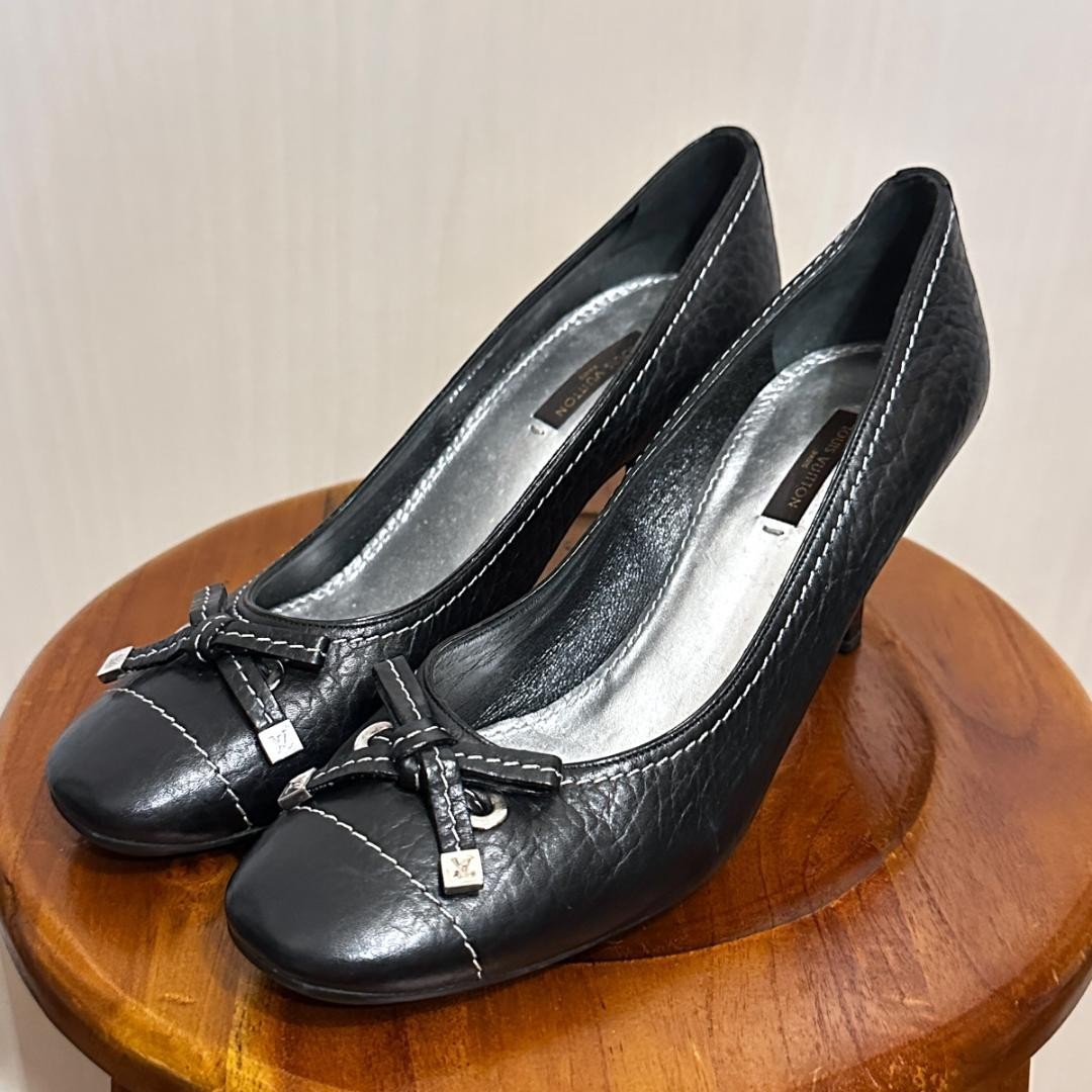 Louis Vuitton Women's Pumps Heel Leather Size:38.5/JP:24.5 Black 135490K Authen
