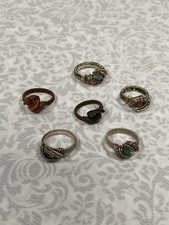 Lot of 7 Handmade Wire Wrapped Gemstone Rings Adjustable Boho Artisan