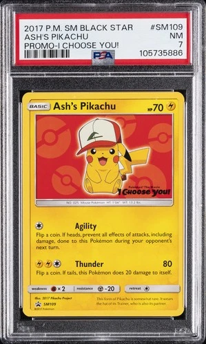2017 POKEMON SM BLACK STAR PROMO I CHOOSE YOU! #SM109 ASH'S PIKACHU PSA 7