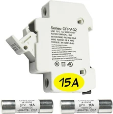 HQRP Solar PV CFPV-32 DIN Rail Fuse Holder + 2-Pack 15 Amp Fast Acting Fuse