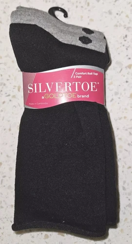 3 Pair SilverToe Cotton Comfort Roll Top Women's Socks Black & Gray Size 6-9 NEW