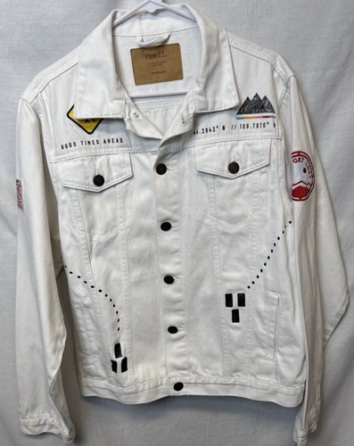 Rue 21✨White✨Patch Work Jean✨Denim✨Jacket✨Lets Get Lost✨Size Medium image 2