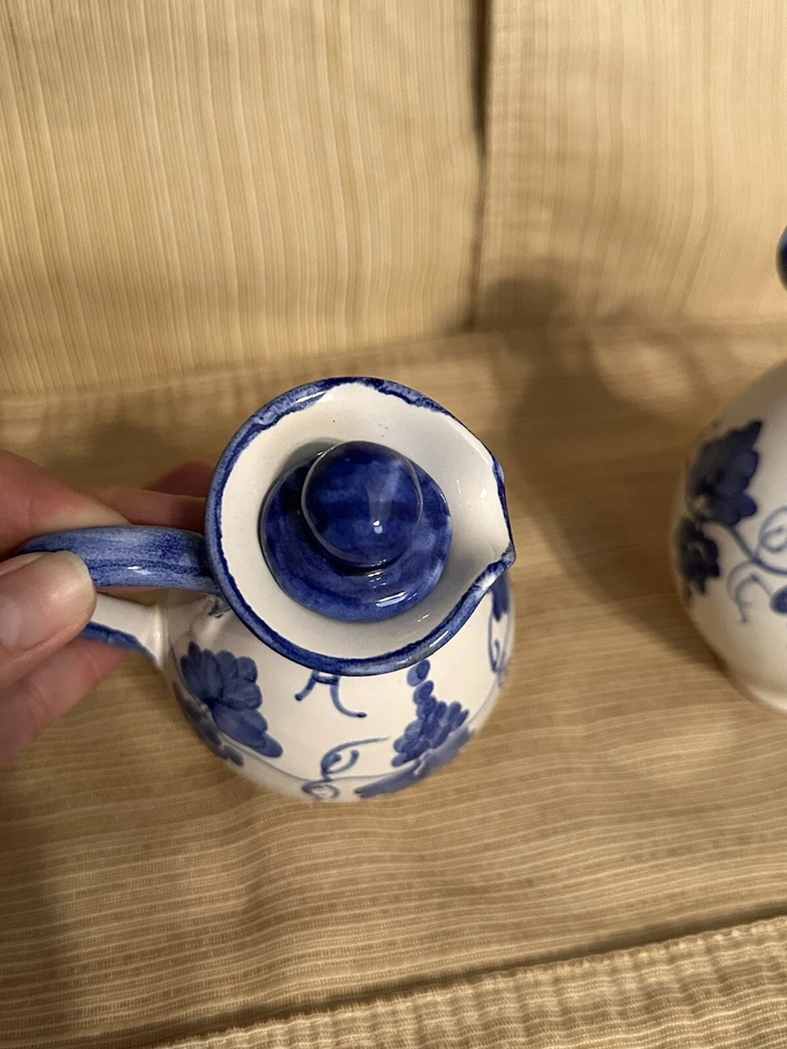 Vintage French Oil and Vinegar Vessels- Set of 2 Blue And White 6” - Image 3 of 4