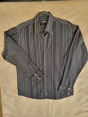 Etzo Mens Shirt L Black Gray Stripe Long Sleeve Button Up Snap Close Casual Work