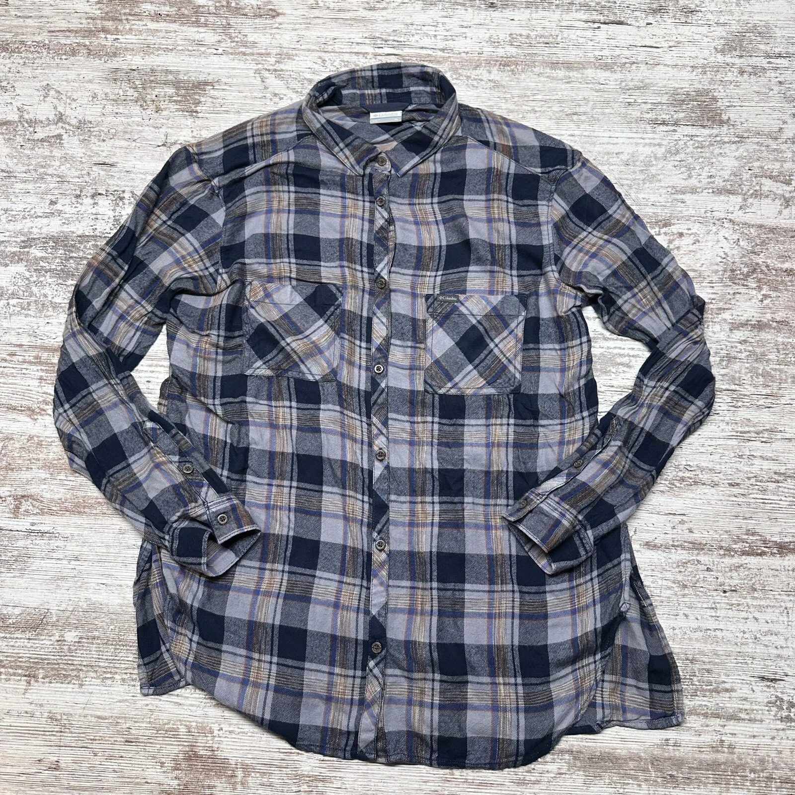 Columbia Flannel Shirt Mens Extra Large XL Blue Plaid Outdoors Long Sleeve Rayon